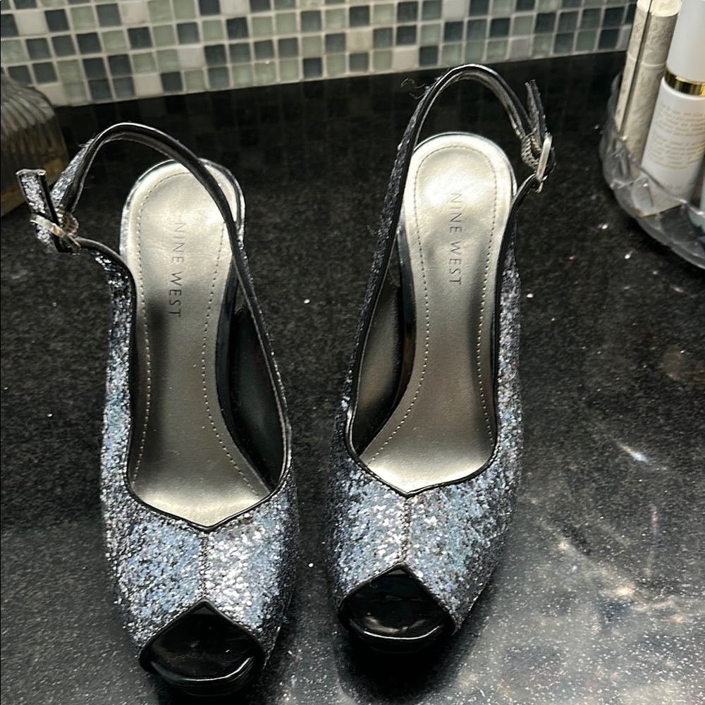 Nine West Silver Peep Toe Slingback Heels